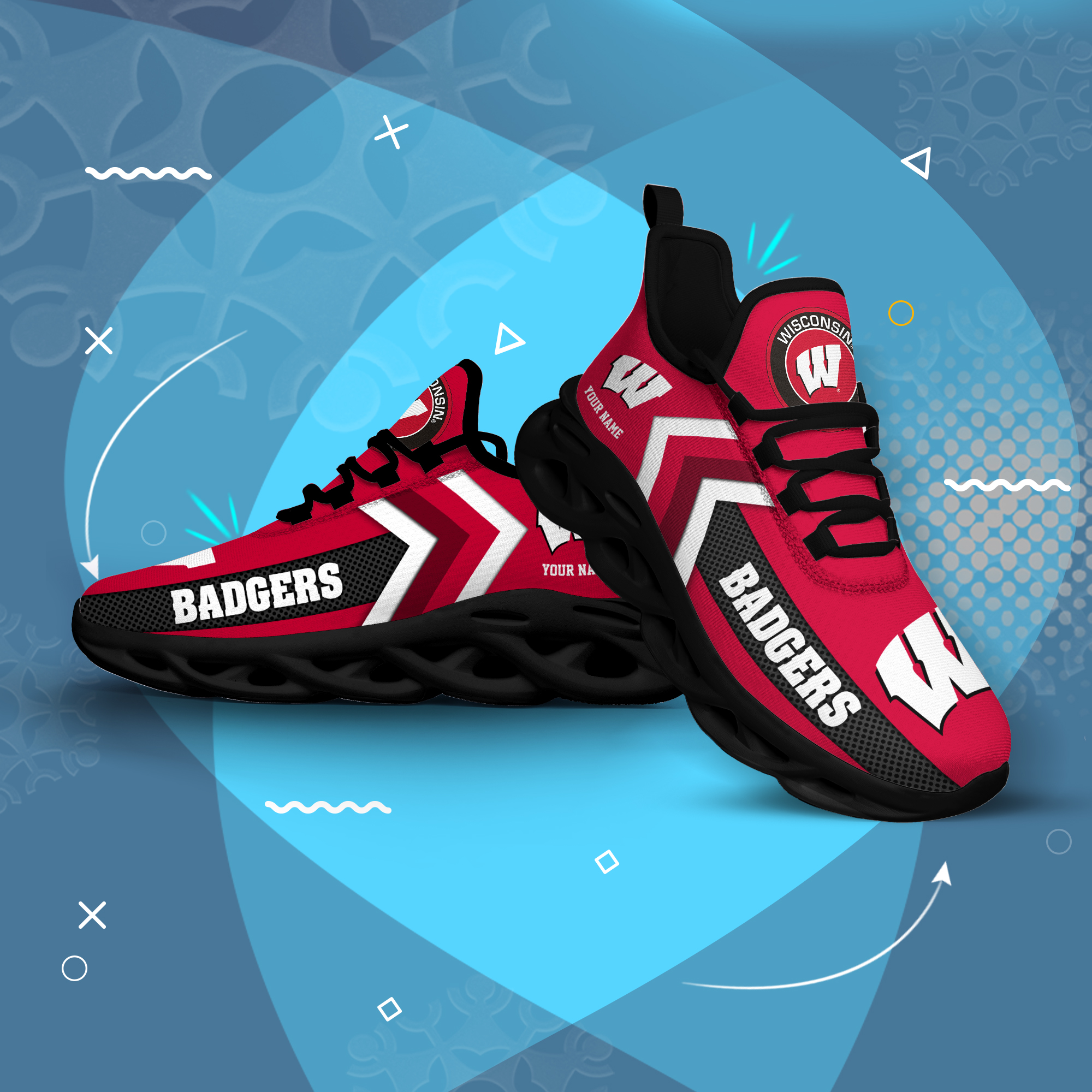 Wisconsin Badgers Personalized Custom Name Max Soul Shoes DS003 - Famjoys Wisconsin Badgers Personalized Custom Name Max Soul Shoes DS003 - Famjoys