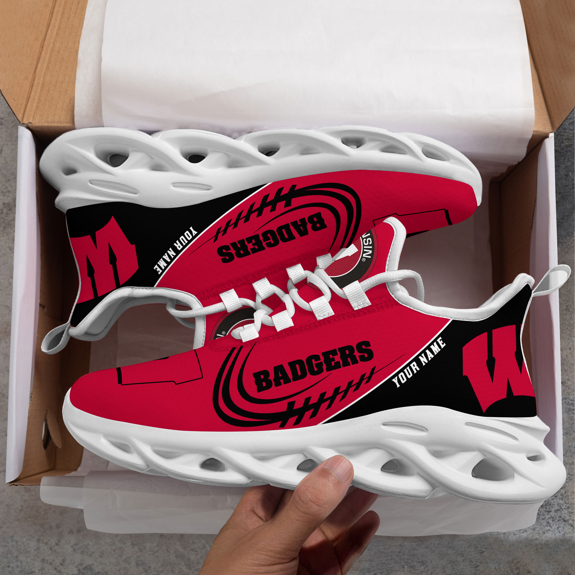 Wisconsin Badgers PERSONALIZED MAX SOUL SHOES T1 - Famjoys Wisconsin Badgers PERSONALIZED MAX SOUL SHOES T1 - Famjoys