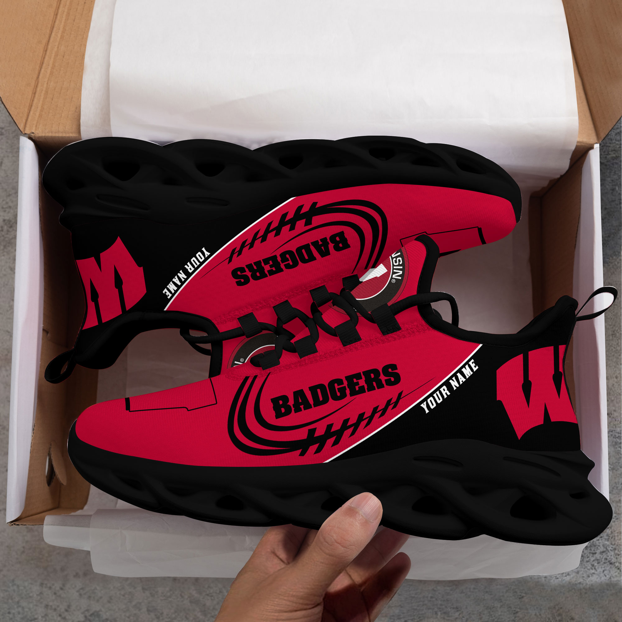 Wisconsin Badgers PERSONALIZED MAX SOUL SHOES T1 - Famjoys Wisconsin Badgers PERSONALIZED MAX SOUL SHOES T1 - Famjoys