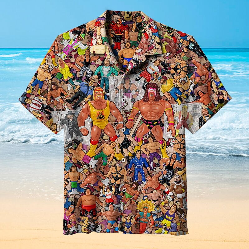Wrestling Character Collage Art | Short-sleeved Unisex Hawaiian Shirt - Famjoys Wrestling Character Collage Art | Short-sleeved Unisex Hawaiian Shirt - Famjoys